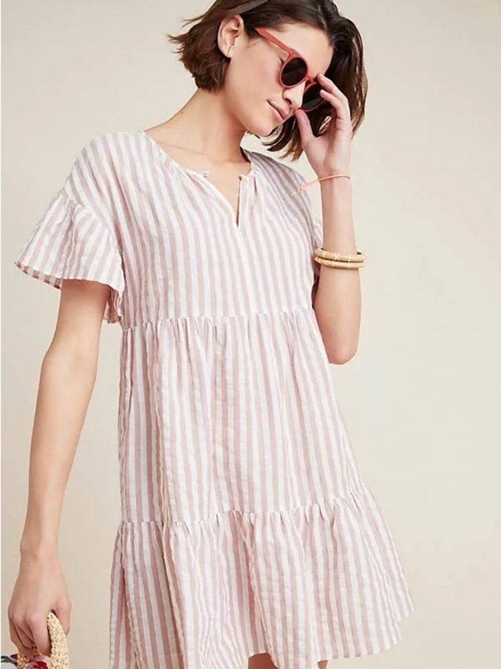 Anthropologie Light Pink and White Striped Short Sleeve Babydoll Dress
